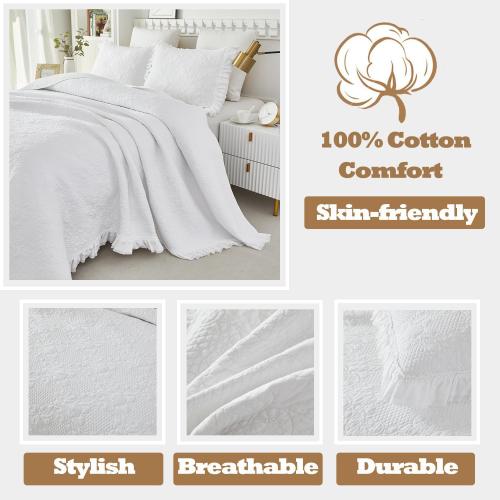 Brandream White Quilt Set King Size Cotton Farmhouse Paisley Matelasse Coverlet Set Ruffle Bedspread