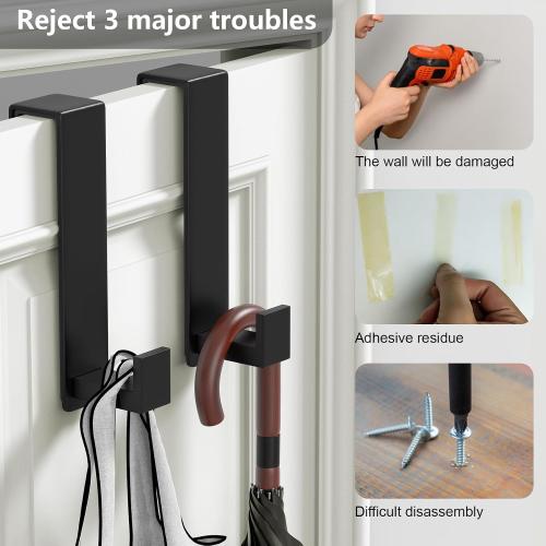 PMMASTO 2-Pack Over The Door Hooks - Rustproof Stainless Steel Door Hangers Fits for 1-3/4 Inch Thick Doors, Non-Marking and Tool-Free Easy Install​​ (Black, L Shape)