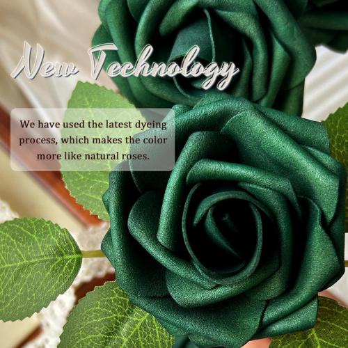 25pcs Emerald Green Artificial Flowers Foam Fake Dark Hunt Green Rose with Stems 8 Leaves Real Looking Faux Roses for Wedding Bouquets Bridal Shower Centerpieces Arrangements Party Tables Decorations