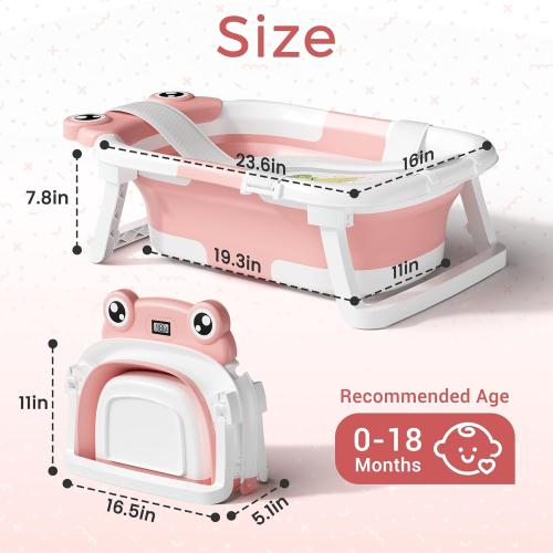 Baby Bathtub, Collapsible Newborn Bathtub for Infant to Toddler 0-24 Months with Soft Cushion and Thermometer,Portable Travel Newborn Tub with No-Slip Feet, Baby Shower Gifts,Pink