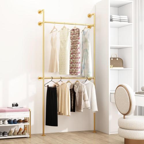 ORSENIGO Industrial Pipe Clothing Rack, Heavy Duty Metal Clothes Rack with Double Rods for Hanging Clothes, Wall Mount Space-Saving Garment Display Rack (Single, Gold)