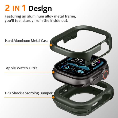 Amizee 2 in 1 Metal Rugged Case Compatible with Apple Watch Ultra 3/2/1 Case 49mm, Aluminum Shockproof Protective Bumper Cover for iWatch 49mm, Army Green