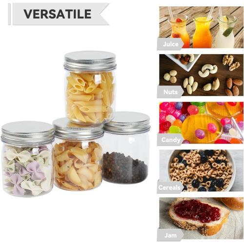 novelinks 8 oz Clear Plastic Jars with Airtight Lids, 32 Pack Plastic Mason Jars with Lids 8oz, Refillable Storage Slime Containers & Small Spice Jar for Kitchen Organization (32 Pack,Silver)