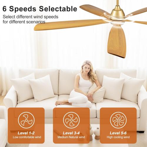 DELIHUA 72 Inch Ceiling Fans with Lights and Remote, Wood Ceiling Fan with Light, 5 Blade, Dimmable, Wall Switch, 6 Speeds Reversible DC Motor, Large Outdoor Ceiling Fan for Patio Farmhouse (Gold)