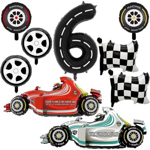 Number 6 Race Car Balloons, 43 Inch Race Car Party Decorations, Wheel Tire Balloon, Black and White Checkered Foil Balloons for Boys 6th Birthday Party Decoration - Pack of 9