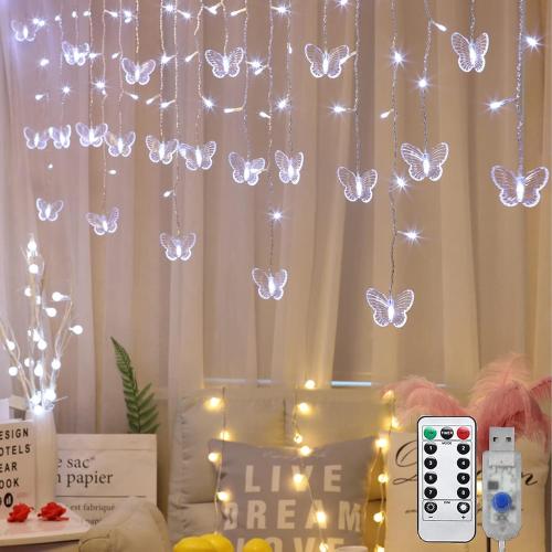 Decorman Butterfly Curtain Lights, 13ft 96 LED USB Window Fairy Lights 16 Butterflies 8 Modes Firefly Twinkle Timer String Lights with Remote for Room Bedroom Wall Ceiling Party Wedding Christmas