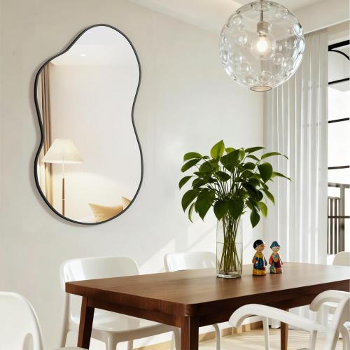 Irregular Wall Mirror, Asymmetrical Cloud Mirror Large Unique Vanity Body Mirrors Black Bathroom Wall Mounted Mirror Modern Shaped Dressing for Living Room Entryway