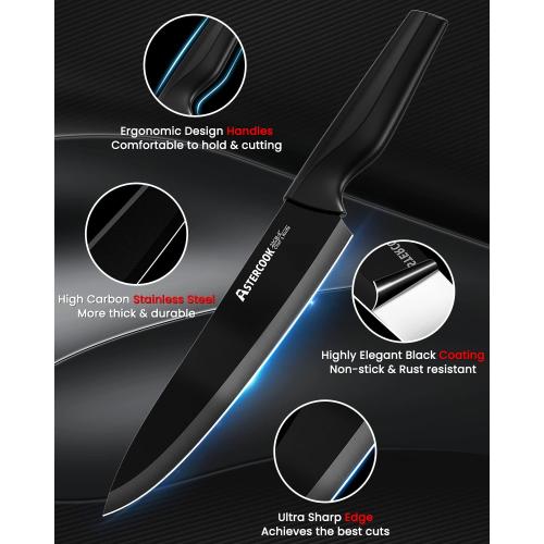 Astercook Knife Set, Kitchen Knife Set with Built-in Sharpener Block, Dishwasher Safe, 15 Pieces German Stainless Steel Knife Block Set, Black