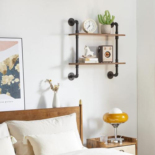 YMYNY Industrial Pipe Shelf Bracket, 2 Tiers Retro Wall Mounted Floating Shelf, Wood DIY Bookshelf, Storage Shelves for Living Room, Bedroom, 24 Farmhouse Bathroom Shelving, HD-UHRF-TM004
