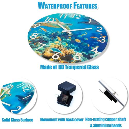 Crosstime 16 Inch Large Outdoor Wall Clock Waterproof - Sea Turtle & Coral Reef Ocean Life Theme, Tempered Glass Face - Silent Coastal Decor Clock for Outside Patio, Poolside, Garden, Beach House