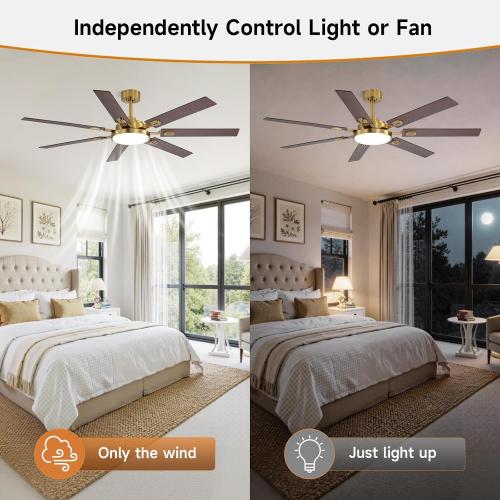 64 Inch Ceiling Fans with Lights and Remote, Bedroom Living Room Office Library Cafe Outdoor Industrial, 5CCT Dimmable, Dual Color 7 Blades, 6 Speed Reversible Quiet DC Motor, Gold/Wood Grain
