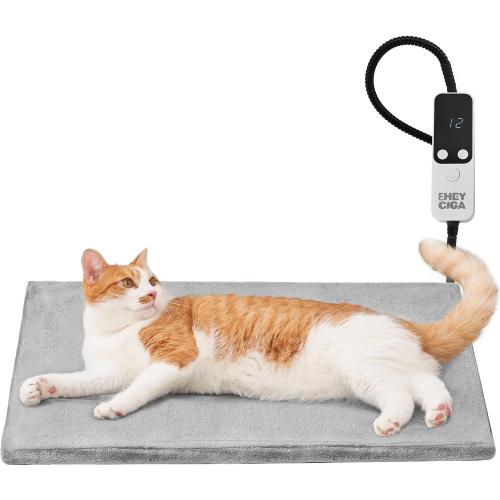 EHEYCIGA Heated Cat Bed Indoor, Adjustable Temperature Dog Cat Heating Pad with Timer, Chew Resistant Cord, Waterproof for Winter, Grey