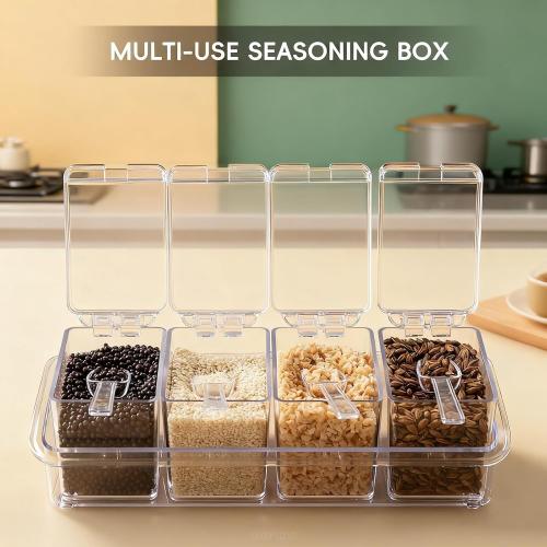 Clear Seasoning Box, 4 Pieces Seasoning Rack Spice Pots, Storage Container Condiment Jars Acrylic Seasoning Box with Covers and Spoons for Spice, Sugar, Salt, Sugar, Cardamon, Cinnamon