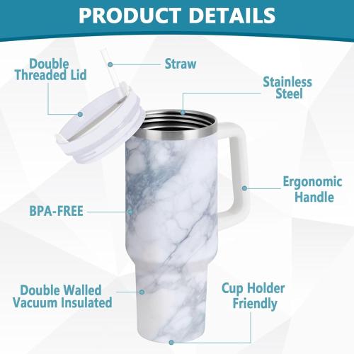 xigua 40 oz White Marble Tumbler with Handle and Straw Lid, Stainless Steel Vacuum Insulated Sports Water Bottle, Keeps Cold or Hot Coffee Cup Travel Mug