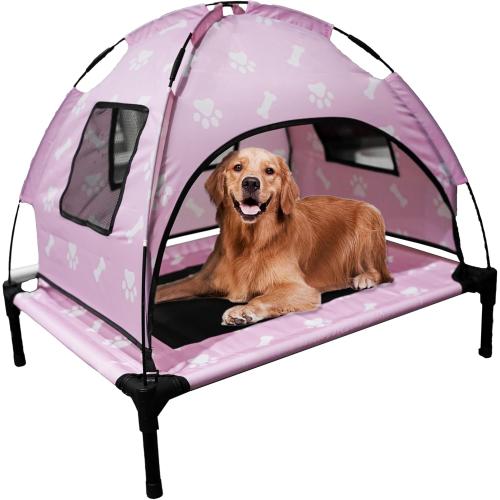 Pink Elevated Covered Dog Bed - 36 x 36 x 30 - Dog Shade Canopy Lounger for Small & Large Dogs (Up to 110 lbs) - Portable & Durable - Cooling, UV & Water Resistant with Mesh Windows - Pastel Pink