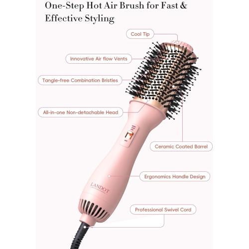LANDOT Hair Blow Dryer Brush: One-Step Hot Air Brush with 60mm Oval Barrel - 4 in 1 HairDryer Styler and Volumizer for Drying Straightening Curling Volumizing Hair Fight Frizz and Add Volume