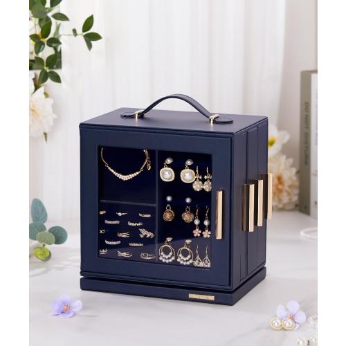 Homde Jewelry Box 360° Rotating, Necklace Earring Organizer with Transparent Window, Mirror, 7 Drawers, Large Ring Display Storage Case for Girls Women (Dark Blue)