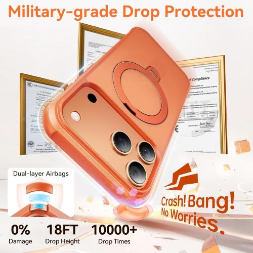 360 Spin Magnetic Stand (Pro-Version) for iPhone 17 Pro Case (Compatible with MagSafe) [Military Drop Protection] Matte Translucent Shockproof Protective Phone Case 6.3'', Cosmic Orange