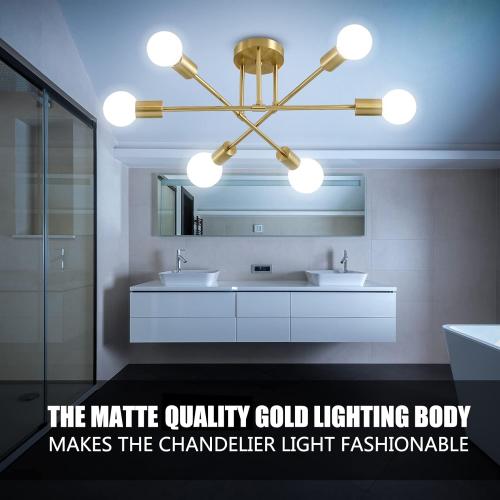 Gold Modern Sputnik Chandelier, 6 Light Flush Mount Ceiling Light Fixture, Mid Century Light Fixture Ceiling Mount for Kitchen Island Bedroom Dining Living Room Foyer UL Listed