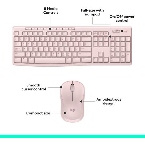 Logitech MK270 Wireless Keyboard and Mouse Combo for Windows, 2.4 GHz, 8 Multimedia Keys, PC, Laptop, Wireless Keyboard Compact Mouse Combo - Rose