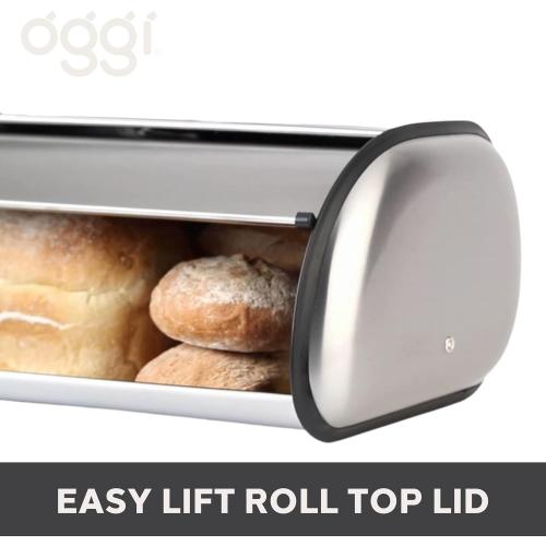 Oggi Stainless Steel Roll Top Bread Box for Kitchen Countertop with Stainless Steel Lid - Fits Multiple Large Loaves of Bread and Other Freshly Baked Goods Including Cookies, Bagels, Muffins