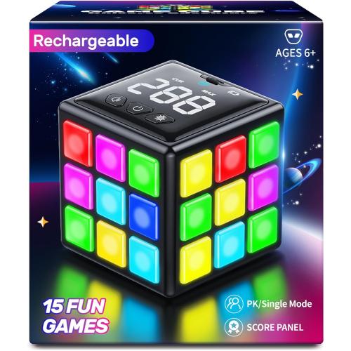 Rechargeable Puzzle Cube with Games - 15-in-1 Fun Brain Memory & Speed Games for Kids Teens - Christmas Easter Birthday Gifts for Boys Girls Ages 6-12  Years Old with Score Screen (Black)