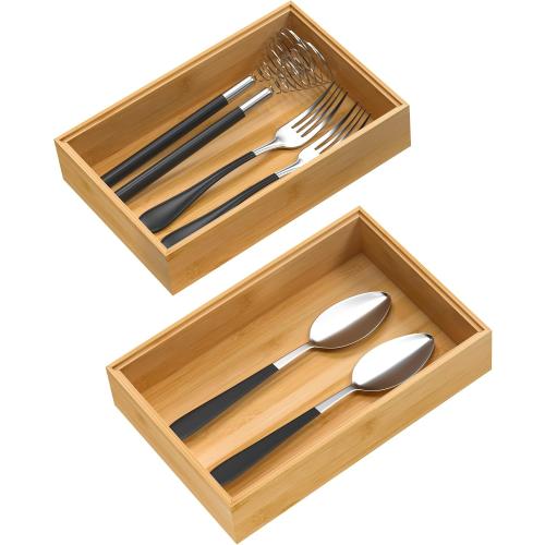 VeyFey Silverware Tray for Drawer, Stackable Kitchen Bamboo Drawer Organizer 9 x 6 x 2 Set of 2
