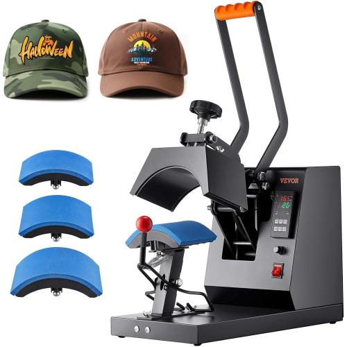 VEVOR 4-in-1 Heat Press Machine for Hats with 6x3inches Curved Teflon-Coated Heat Plate, Easy Temperature Control Non-Slip Base, Four Replaceable Elements 6x3/6.7x2.7/6.7x3.8/8.1x3.5inches