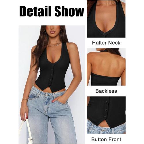 Size large Womens Button Down Tank Top for Women Ribbed Button Up Halter Fitted Vest Summer Sexy Trendy Cute Crop Going Out Tops
