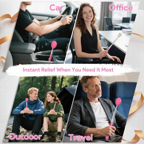 Gumry Versatile Back Scratcher - Portable Telescoping Extendable Back Massager Tool with Different Heads & Rubber Handles, Stocking Stuffers & Birthday Gifts for Women, Mom, Her, Men - Pink