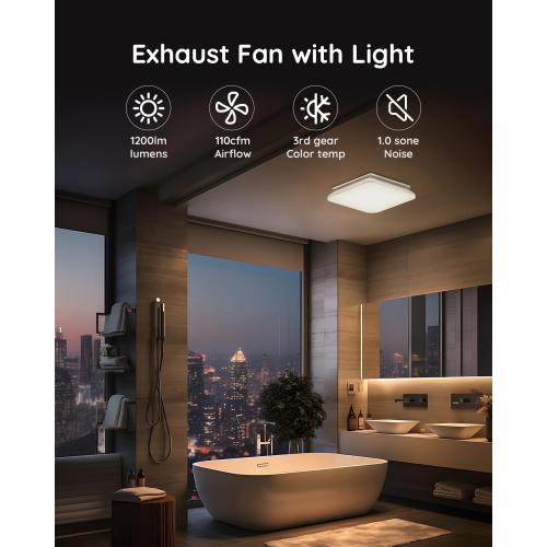 WHITE Fitop Bathroom Exhaust Fan with Light, 110 CFM 43W Ceiling Mount Shower Ventilation Exhaust with Light, 1.0 Sones Bathroom Vent with Light, Bathroom Fan 1200LM LED Light 3000K/4000K/5000K