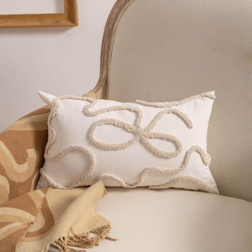 Coquette Bow Tufted Throw Pillow Cover 12x 20, Boho Neutral Linen Pillow Cushion Case