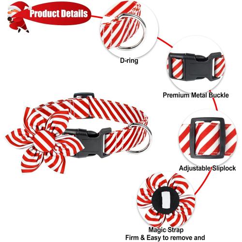 Malier Christmas Dog Collar with Flower, Red Dog Christmas Collar with Buckle Adjustable Cotton Collar for Small Medium Large Dogs Puppy (X-Small, Red Stripe)
