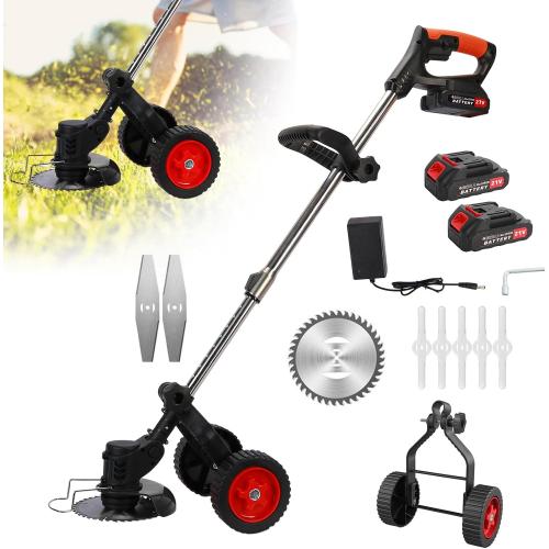 Electric Weed Wacker with Wheels, Cordless Weed Eater 2000mAh 21V Battery Operated, 3 in 1 Weed Trimmer Brush Cutter with Adjustable Telescopic Pole for Villas, Yards & Parks, Black, ELM001