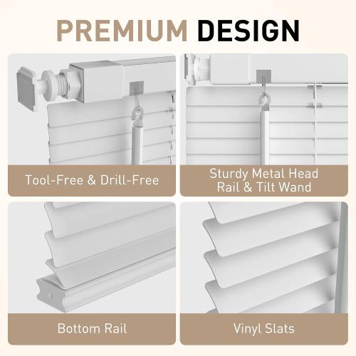 No Drill Mini Blinds, Horizontal Window Blinds & Shades, 44 Wx64 H, White | Fabublinds 1 Vinyl Mini Blinds No Drill No Tool Easy Installation, Cordless for Kids & Pets Safety w/ Metal Top Rail