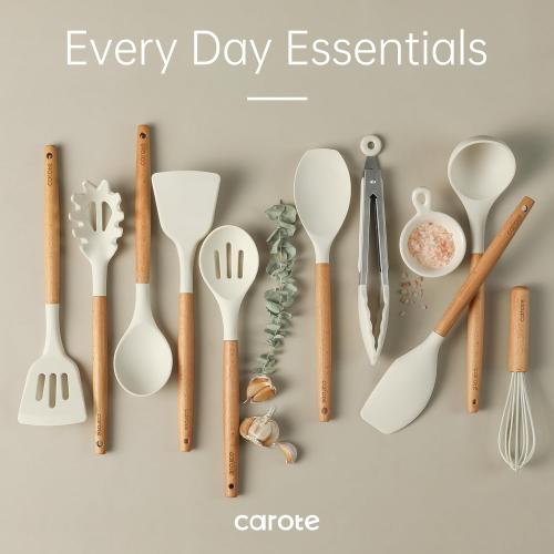 Cream White 10Pc Set CAROTE Silicone Cooking Utensils Set, Kitchen Utensils Set 10 Pcs for cooking, BPA Free Spatula Set with Heat Resistant Wood Handles for Nonstick Cookware (Cream White)