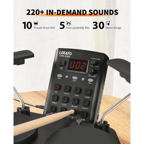 LEKATO Electronic Drum Set, Portable Electric Drum Set for Beginner with Quiet Mesh Snare Drum Pads, 220  Sounds, USB MIDI, 2 Switch Pedal, Electric Drum Kit with Sticks, Travel Bag