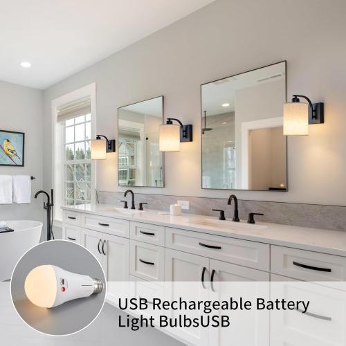 Black Rechargeable Battery Operated Wall Sconces Set of 2 with Remote, Wireless Dimmable Battery Powered LED Wall Lights, Cordless Wall Lighting Lamp Fixture for Bedroom Living Room