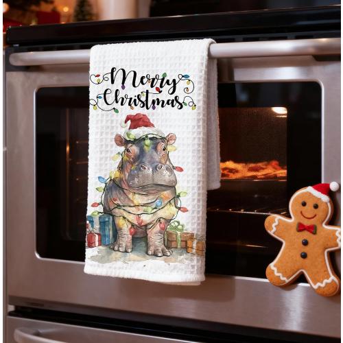 Christmas Hippo Kitchen Hand Towels,Christmas Decorations Tea Towels Dish Rags,Gifts for Women Hippo Lovers,Xmas Kitchen Bathroom Decor,16x24 Inch