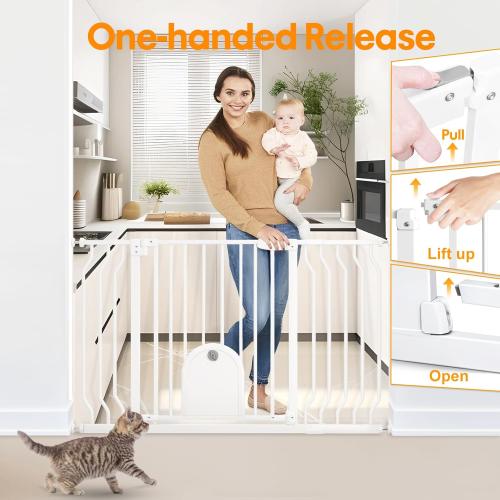 Baby Gate with Cat Door for Stairs - Baby Gate with Pet Door Auto Close 29.5-48.5 Safety Metal Dog Gate for Door Ways/Stairs/House/Walk Through with Includes 2 Extension Pieces and 4 Wall Cups