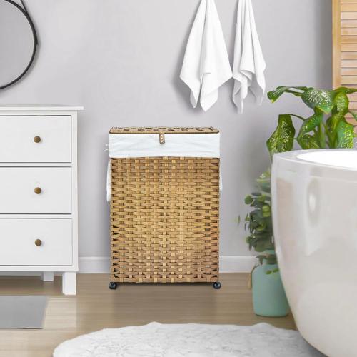 70L Slim Laundry Hamper with Lid & Wheels, 2-Park Rolling Laundry Basket with 4 Removable Liner Bags & 3 Mesh Bags, Narrow Dirty Clothes Basket, Foldable Handwoven Rattan Laundry Sorter, Natural‼️no rips tears or breaks 2 laundry hampers and accessories may be missing ‼️