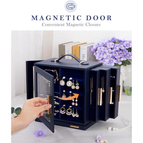 Homde Jewelry Box 360° Rotating, Necklace Earring Organizer with Transparent Window, Mirror, 7 Drawers, Large Ring Display Storage Case for Girls Women (Dark Blue)