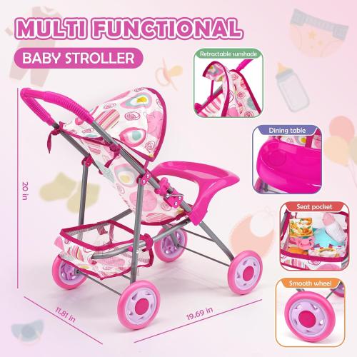 Baby Doll Stroller Set with 12.5 Doll, Baby Dining Table, Backpack with Carrier, 21 PCS Baby Doll Accessories Stroller Toys, 2 Sets Doll Clothes, Feeding Set Girls Toddlers Gifts for Pretend Play