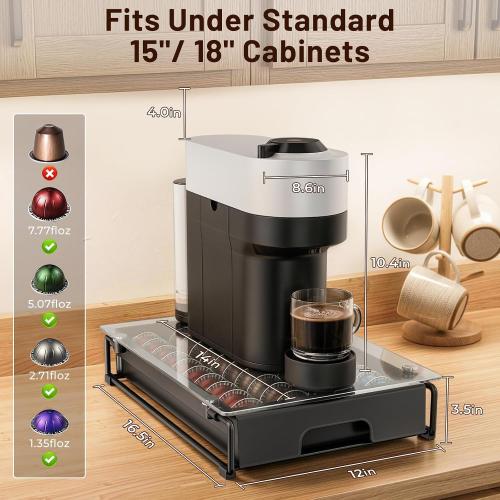EVERIE Nespresso Vertuo Pod Holder Drawer, Coffee Pod Organizer with Universal Slots, Holds 40 Large or 52 Small Capsules, Tempered Glass Top Storage Drawer for Coffee Makers, 12 x 16.5 x 3.5