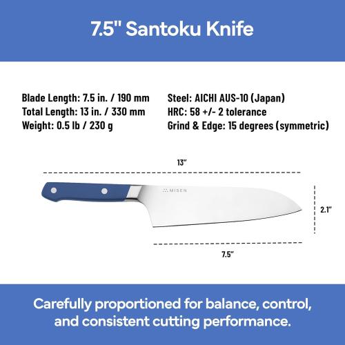 Misen Japanese Santoku Chef Knife - 8 Inch High Carbon Stainless Steel - Classic Japanese Knife Design for Cutting, Slicing, and Chopping - Razor Sharp Japanese Style Kitchen Knife, Blue