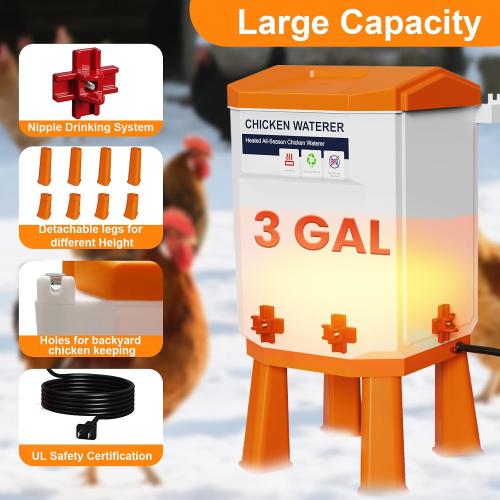 Heated Chicken Waterer 3.2 Gallon, Chicken Water Heater for Winter, Freeze Proof Chicken Waterer, 4 Nipples for Clean Water，Detachable Legs, Adjustable Height for Chickens, Pigeons, Beaked Poultry