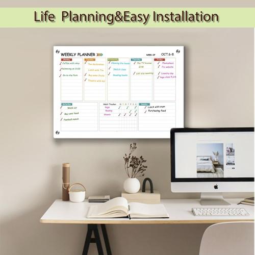 Glass Colorful Weekly Dry Erase Board for Wall,Weekly Planner Whiteboard for Wall 24x18,Frameless Mounting,Medium Weekly Wall Calendar Dry Erase for Office/School/Home