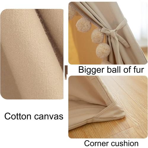 Teepee for Kids Tent Indoor with Floor Mat,Carry Bag,Banner,Play Cottage with Star Light, Cotton Canvas Kids Teepee Tent for Girls & Boys, Pompom Ball Design, Foldable Teepee Tent