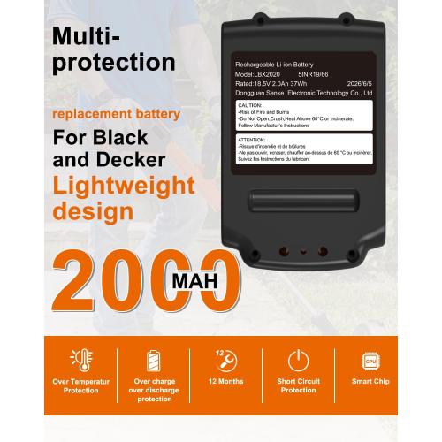 20 Volt MAX 2.0Ah Lithium Replacement for Black and Decker Battery LBXR20 LBX20 LB20 LB2X4020 Compatible with 20V Black and Decker Power  Tools and All Power Lithium Ion Battery 2000mAh