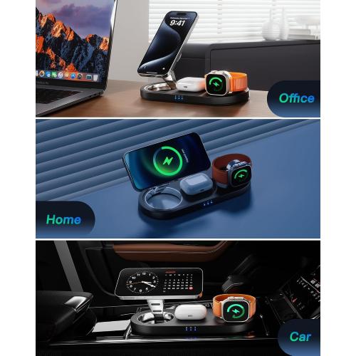 Black Upgraded 3 in 1 Wireless Charging Station for Apple Devices, Faster Mag-Safe Charger Stand, Magnetic Charger Station for iPhone 16/15/14/13/12 Series & AirPods Pro & Apple Watch Series (Black)